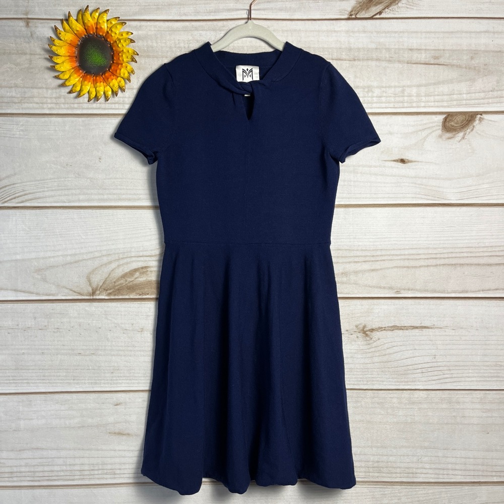 Milly Minis Navy Blue Knit Keyhole Tie Neck Fit Flare Dress Size 14 Holiday